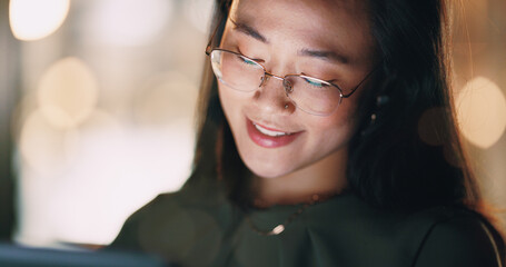 Poster - Business woman, face or tablet in night office on digital marketing ideas, advertising strategy planning or branding growth innovation. Smile, happy or creative Japanese designer working late on tech