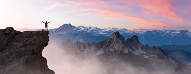 Canvas Print - Epic Adventure Composite of Woman Hiker on top of a rocky mountain.