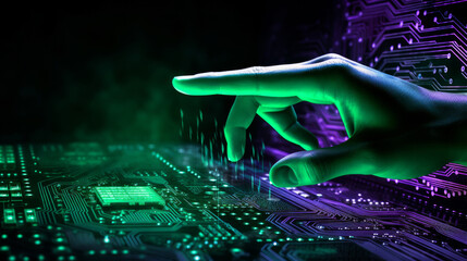 Male hand finger on electronic circuit background, wallpaper