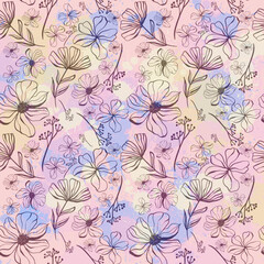  Doodle flowers seamless texture for paper or textile.Color contour drawings of abstract flowers. Hand drawn, vector. Design botanical drawing layout for wallpaper, fabric, packaging