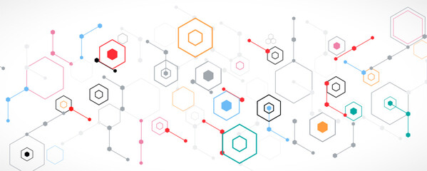 Technology banner design with hexagons abstract background.