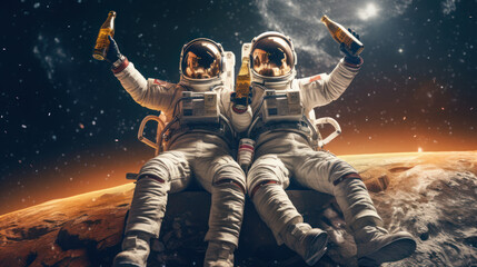 Wall Mural - male and friend in space suits happily freedom holding craft beer bottle cheer on the moon