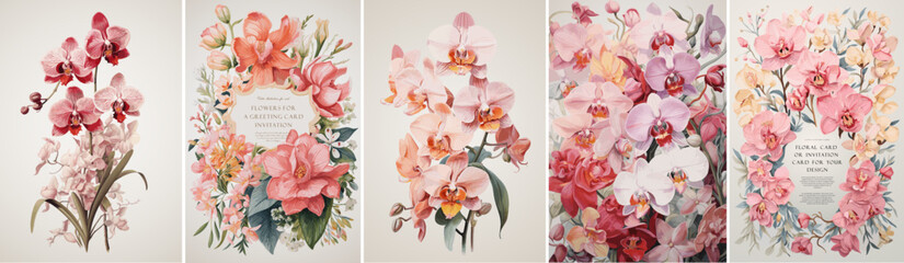 pink floral greeting cards. vector illustrations of elegant orchid flowers frames, vintage plants an