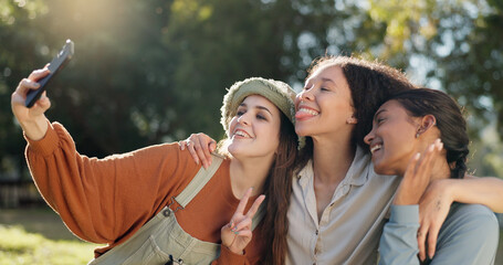 Poster - Friends, camping and selfie, women in nature for summer vacation together with smile and trees. Relax, happy woman and girls taking picture in forest on camp holiday, friendship and fun outdoor time.