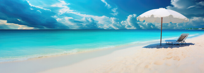  Sunlit Sandy Beach with Turquoise Sea, Umbrella, and Chair