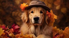 Romantic Studio Portrait Of A Cute Golden Retriever Posing With A Hat And Fall Maple Leaves. Atmosphere Of Cozy And Beautiful Autumn. Fall Foliage. Close Up