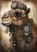 A Baroque Steampunk Camel In The Style Of Realistic Hyper - Detailed Portraits, Richly Detailed Genre Paintings, Exquisite Clothing Detail, Watercolor Art, Rich And Immersive, , Soft Faded Colors, Km