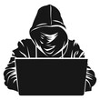 Man with hidden face at laptop. covered with hood, online person not identified by name, unknown faceless user, incognito with evil intentions. hacker working on laptop.