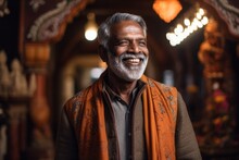 Portrait Of Happy Mature Indian Man Smiling And Looking At Camera In Temple