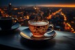 cup of hot tea in the evening