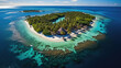 drone shot of a tropical paradise island like Maldives with small houses.