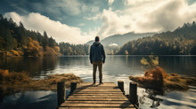 A Man Stands On A Jetty At A Lake And Looks Out To Sea.