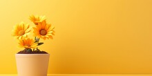 Beautiful Flower Pot Against Yellow Gradient Background With Text Space.