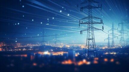 A high-voltage tower and power lines amidst the abstract blur of city lights at night