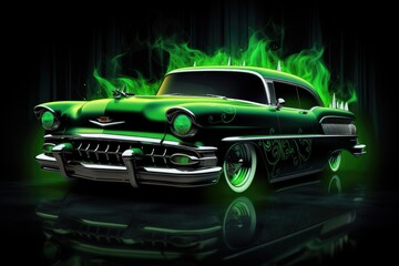 super tuning car in the style of hot wheels in fire and flame, helloween background