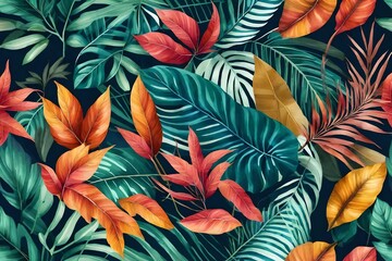  Trendy floral background with large exotic tropical leaves in style watercolor. Twigs with colorful leaves scattered random. Vector seamless pattern for fas