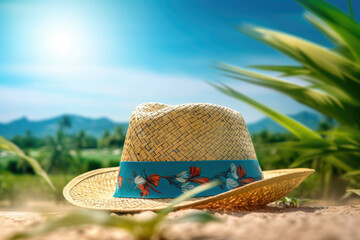 Beach hat with sunglasses with green nature background