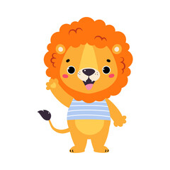 Sticker - Cute Lion Character with Mane in Striped Shirt Greeting Waving Paw Vector Illustration