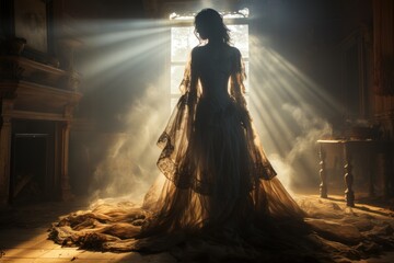 Wall Mural - young woman in luxury suit in a mansion at the golden hour