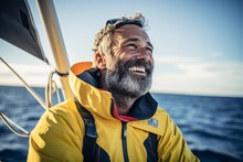 Smiling Senior Man Sailing On A Sailing Boat In The Sea.