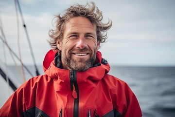 Wall Mural - Smiling man in red jacket looking at camera while standing on sailing boat