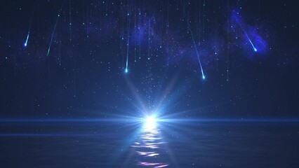Wall Mural - meteors falling on beautiful blue ocean twinkling ocean wave with blue glowing sun flare, 2023
