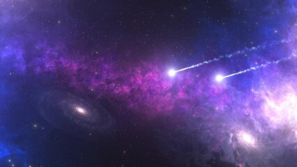 Wall Mural - Two Meteor flying in galaxy with white ice trail
3d rendering meteor asteroid, Global threat concept, sci fi, 2023
