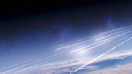 Wall Mural - meteor shower burning in fast speed above earth, burning meteors falling from space to earth in fast