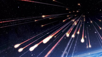 Wall Mural - hundreds of meteors burning above earth atmosphere burning meteors falling from space to earth in fa
