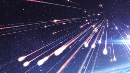 Wall Mural - many meteors burning above earth atmosphere burning meteors falling from space to earth in fast spee