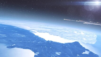 Wall Mural - meteors or missiles burning above earth atmosphere burning meteors falling from space to earth in fa