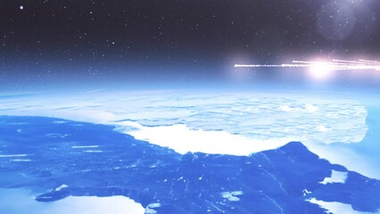 Wall Mural - meteors or missiles burning above earth atmosphere burning meteors falling from space to earth in fa