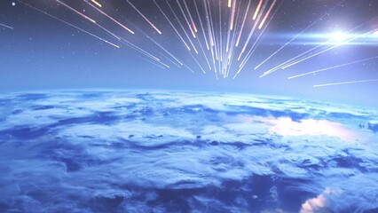 Wall Mural - meteors burning in earth atmosphere, cinematic view burning meteors falling from space to earth in f