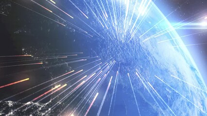 Wall Mural - planet earth bombarded by meteor shower burning meteors falling from space to earth in fast speed wi