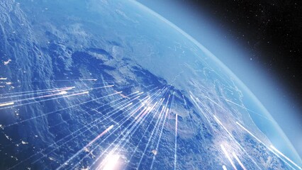 Wall Mural - planet earth bombarded by meteor shower, cinematic view burning meteors falling from space to earth 