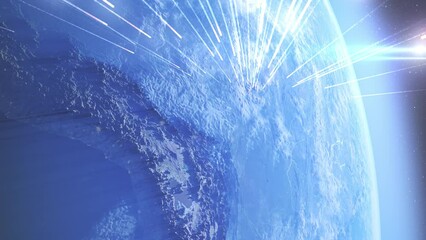 Wall Mural - earth bombarded by massive meteor shower, outer space view burning meteors falling from space to ear