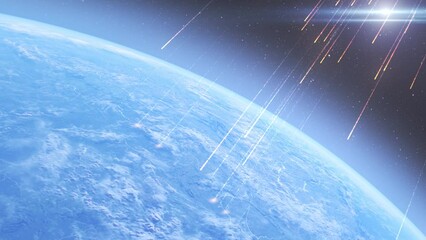 Wall Mural - meteor shower hitting planet earth, outer space view burning meteors falling from space to earth in 