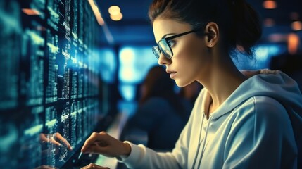 Professional it woman using device writing code computer network maintenance at control data room.