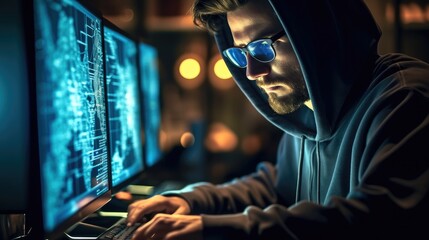 Professional it, Specialist using device writing code computer network maintenance at control data room.