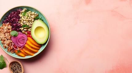 Wall Mural - Vegan Buddha or poke bowl salad with buckwheat, vegetables and seeds on pink background