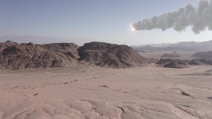 Wall Mural - massive asteroid entering earth atmosphere, desert aerial view drone view over desert with burning a