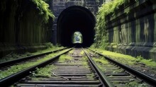 Shot Of Train Rails Surrounded By Nature Leading To The Dark Tunnel.