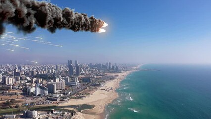 Wall Mural - meteors burning above coastline city, aerial drone view over massive meteors entering atmosphere abo