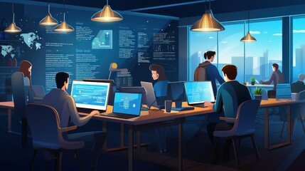 A scene showcasing a team of software developers coding, collaborating, and testing applications in a modern development environment	

