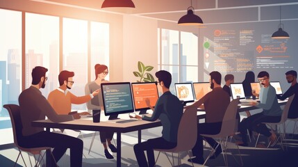 A scene showcasing a team of software developers coding, collaborating, and testing applications in a modern development environment	
