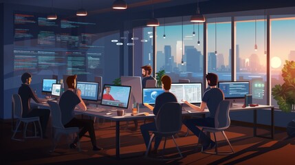 A scene showcasing a team of software developers coding, collaborating, and testing applications in a modern development environment	
