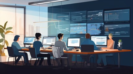 A scene showcasing a team of software developers coding, collaborating, and testing applications in a modern development environment	
