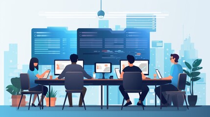 A scene showcasing a team of software developers coding, collaborating, and testing applications in a modern development environment	
