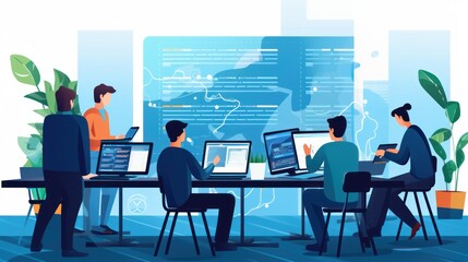 A scene showcasing a team of software developers coding, collaborating, and testing applications in a modern development environment	
