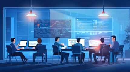 A scene showcasing a team of software developers coding, collaborating, and testing applications in a modern development environment	
